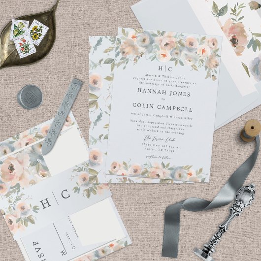 コテージガーデン パステルブルー ピーチコーラル 招待状