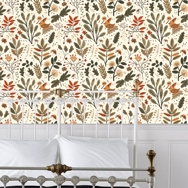 コテージコアお洒落フローラ 壁紙 (Cottagecore Whimsical Floral Wallpaper behind a white metal bed frame. )
