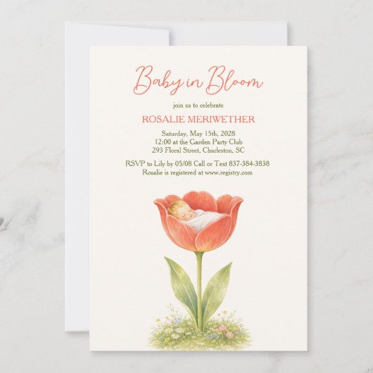 コテージコアな赤ちゃんのお祝いにぴったりな「Baby in Bloom」デザイン 招待状 (正面)