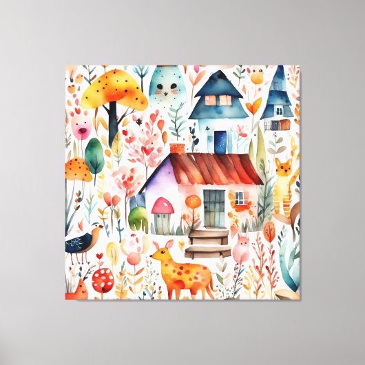コテージコアの花柄の地方の動物と家 キャンバスプリント (正面)