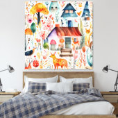 コテージコアの花柄の地方の動物と家 キャンバスプリント (インサイチュ (寝室))