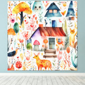 コテージコアの花柄の地方の動物と家 キャンバスプリント (インサイチュ (ウッドフロア))