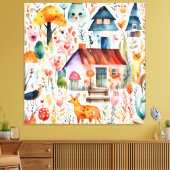 コテージコアの花柄の地方の動物と家 キャンバスプリント (インサイチュ (リビング))