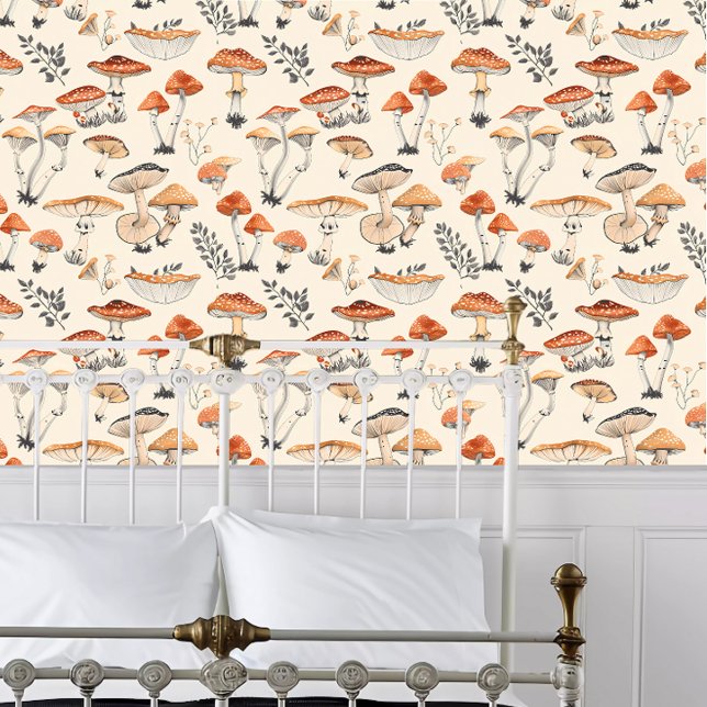 コテージコアウォーターカラー真菌 壁紙 (Cottagecore Watercolor Fungi Wallpaper behind a white metal bed frame. )