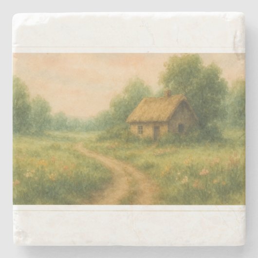 コテージコアウォーター素朴カラーコテージシーン ストーンコースター (正面)
