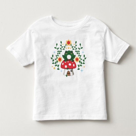 コテージコアエステティックかわいいフロッグオンマッシュルームコット トドラーTシャツ (正面)