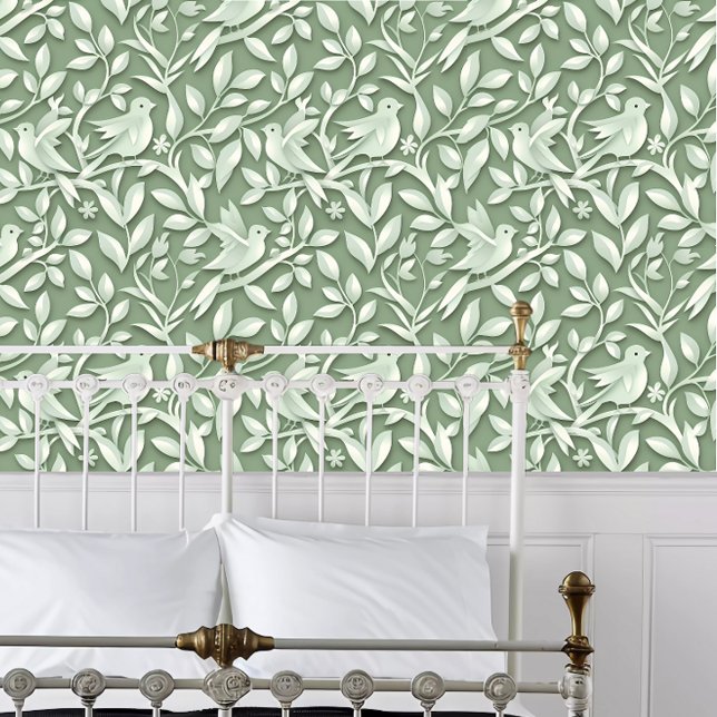 コテージコアグリーンペーパーカットバード 壁紙 (Cottagecore Green Papercut Birds Wallpaper behind a white metal framed bed.)