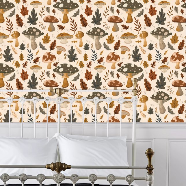 コテージコアスポッテッドマッシュルーム 壁紙 (Cottagecore Spotted Mushrooms Wallpaper behind a white metal framed bed.)