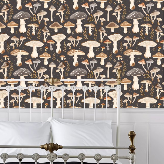コテージコアダークマッシュルーム 壁紙 (Cottagecore Dark Mushroom Wallpaper behind a white metal framed bed.)