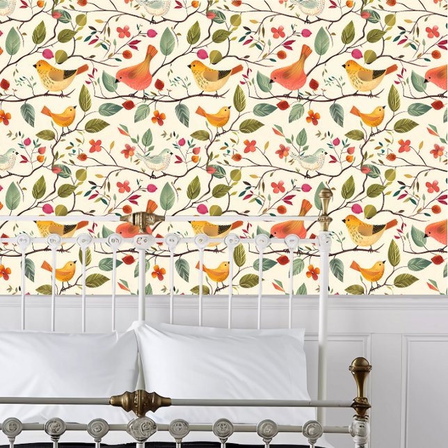 コテージコアトロピカルカラーバード 壁紙 (Cottagecore Tropical Colored Birds Wallpaper behind a white metal framed bed.)