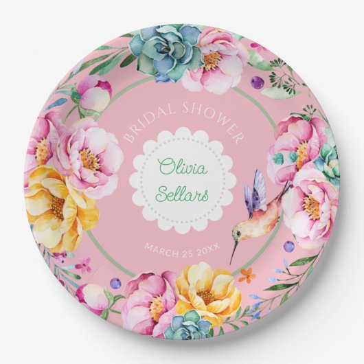 コテージコアハミングバードブライダルシャワー ペーパープレート (正面)