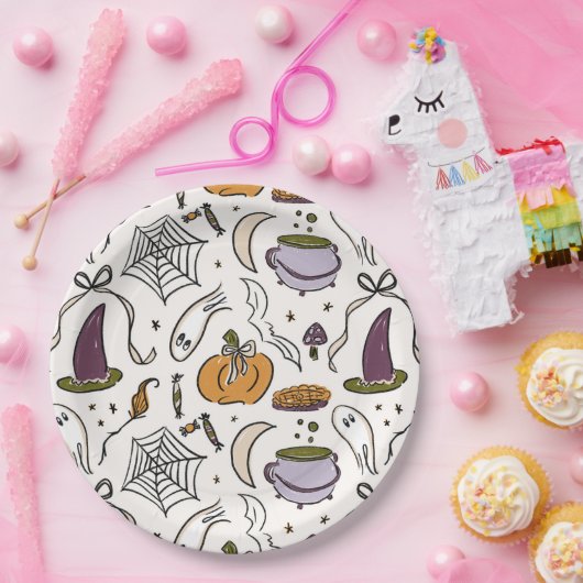 コテージコアハロウィーンイラストベビーシャワー ペーパープレート (パーティー)