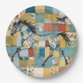 コテージコアパッチワークホースフローラカラーブロック ペーパープレート (正面)