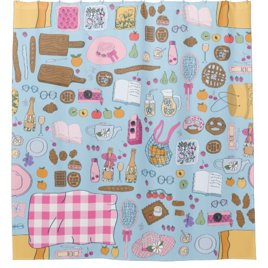 コテージコアピクニックストロベリーティーポお洒落ット シャワーカーテン (正面)