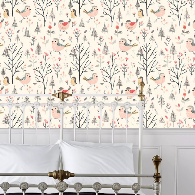 コテージコアピンクバード 壁紙 (Cottagecore Pink Bird Wallpaper behind a white metal framed bed.)