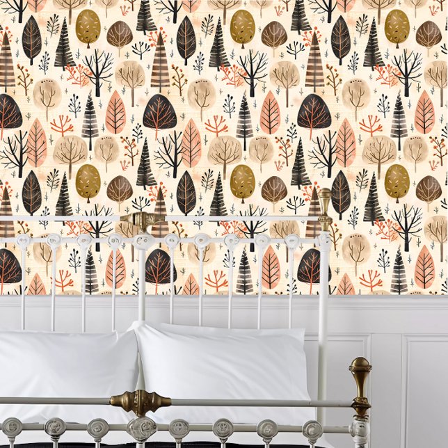 コテージコアファンキーツリー 壁紙 (Cottagecore Funky Trees Wallpaper behind a white metal framed bed.)