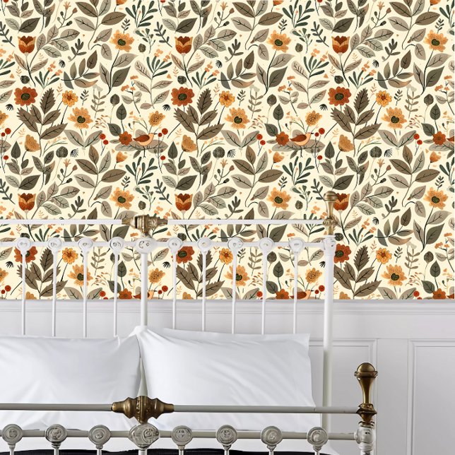 コテージコアフラワーズインアーストーン 壁紙 (Cottagecore Flowers in Earth Tones Wallpaper behind a white metal bed frame. )