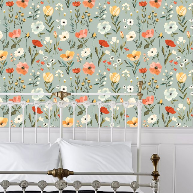 コテージコアフラワーズオンセージグリーン 壁紙 (Cottagecore Flowers on Sage Green Wallpaper behind a white metal bed frame. )