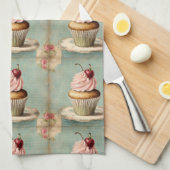 コテージコアフランスのヴィンテージカントリーピンクカップケーキ キッチンタオル (四つ折り)