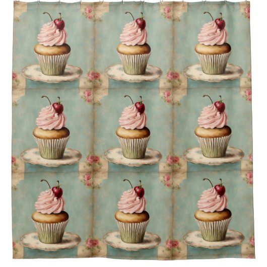 コテージコアフランスのヴィンテージカントリーピンクカップケーキ シャワーカーテン (正面)