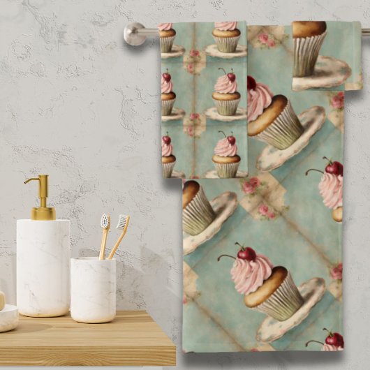 コテージコアフランスのヴィンテージカントリーピンクカップケーキ バスタオルセット