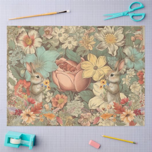 コテージコアフローラウッドランドラビットコラージュ 薄葉紙 (クラフト)