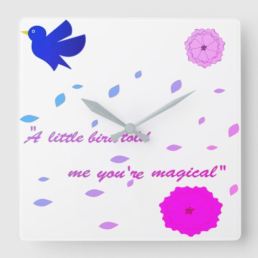 "コテージコアフローラクロック – パープルバード&ピンクフロロ スクエア壁時計 (正面)