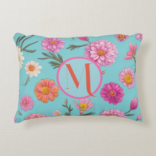 コテージコアフローラ白デイジーピンクの花 アクセントクッション (正面)