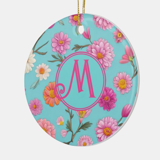 コテージコアフローラ白デイジーピンクの花 セラミックオーナメント (左)