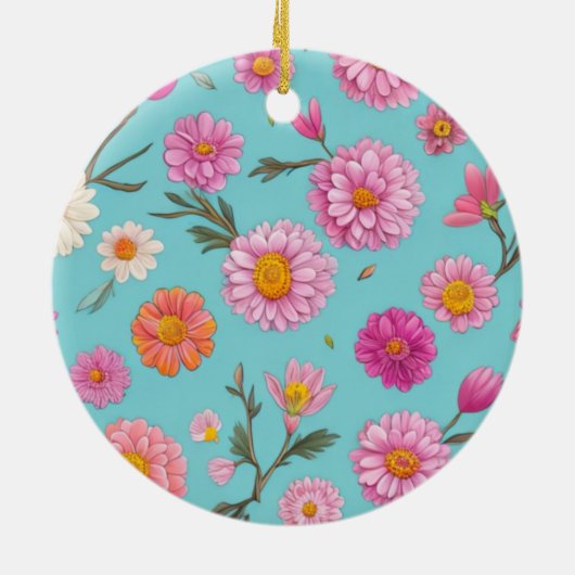 コテージコアフローラ白デイジーピンクの花 セラミックオーナメント (裏面)