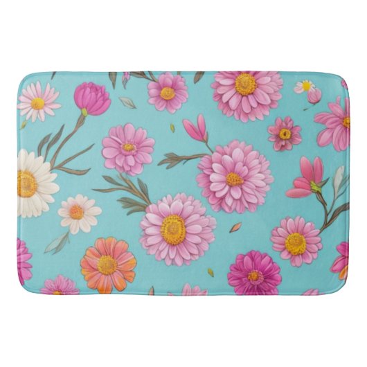コテージコアフローラ白デイジーピンクの花 バスマット (正面)