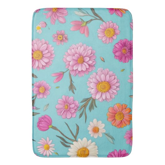 コテージコアフローラ白デイジーピンクの花 バスマット (正面縦)
