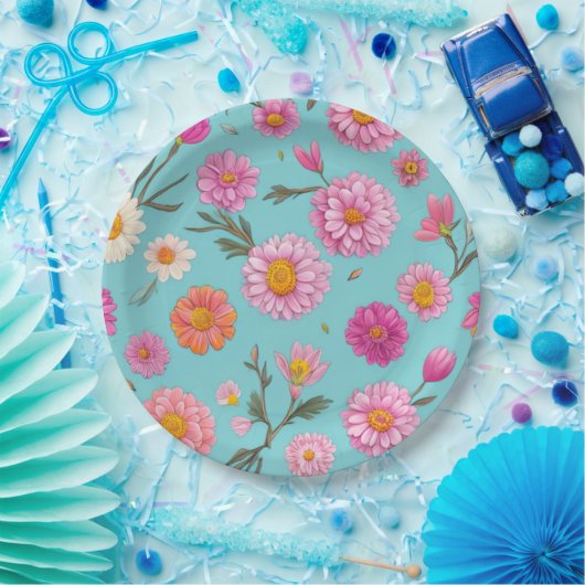 コテージコアフローラ白デイジーピンクの花 ペーパープレート (パーティー)