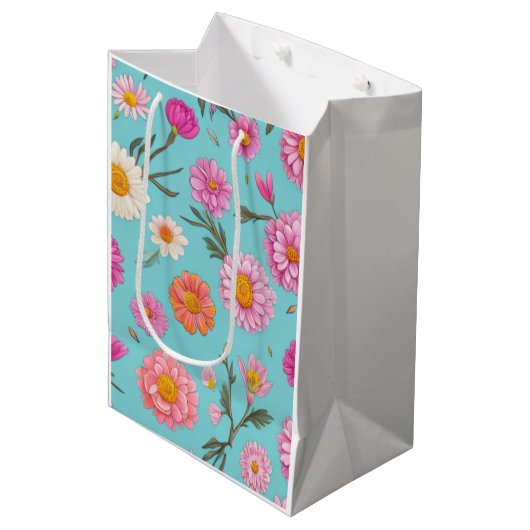 コテージコアフローラ白デイジーピンクの花 ミディアムペーパーバッグ (正面アングル)