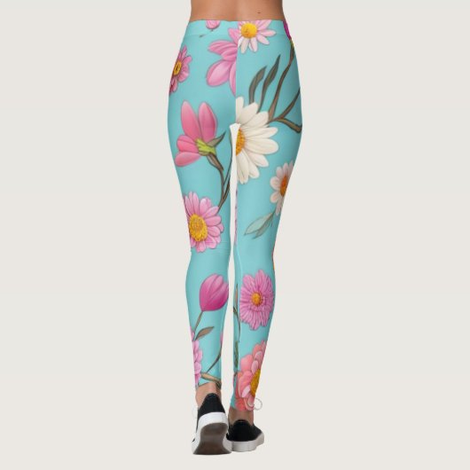 コテージコアフローラ白デイジーピンクの花 レギンス (裏面)