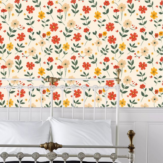 コテージコアブライトレッドとイエローフラワーズ 壁紙 (Cottagecore Bright Red and Yellow Flowers Wallpaper behind a white metal bed frame. )