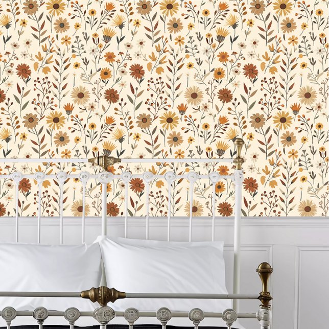 コテージコアブラウンアンドイエローフローラ 壁紙 (Cottagecore Brown and Yellow Floral Wallpaper behind a white metal bed frame. )