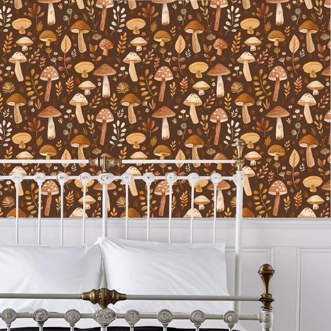 コテージコアブラウンマッシュルーム 壁紙 (Cottagecore Brown Mushrooms Wallpaper behind a white metal bed frame. )
