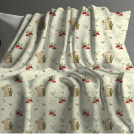 コテージコアベージュボタニカルレッドマッシュルームウッドランド フリースブランケット