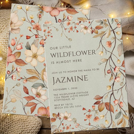 コテージコアボホセージグリーンワイルドフラワーベビーシャワー 招待状