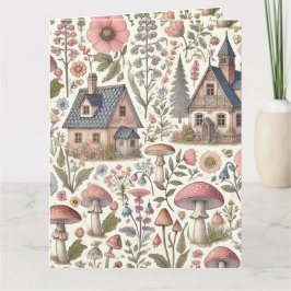 コテージコアマッシュルームとフローラルパターン カード