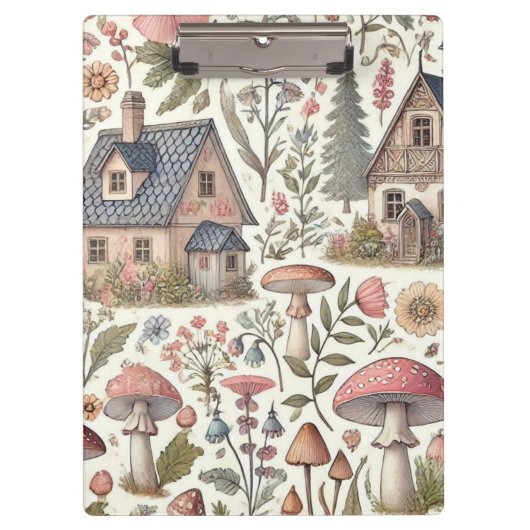 コテージコアマッシュルームとフローラルパターン クリップボード (正面)