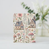 コテージコアマッシュルームとフローラルパターン シーズンポストカード (スタンド正面)