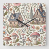 コテージコアマッシュルームとフローラルパターン スクエア壁時計 (正面)