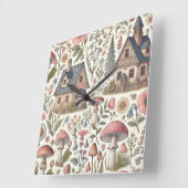 コテージコアマッシュルームとフローラルパターン スクエア壁時計 (傾斜)