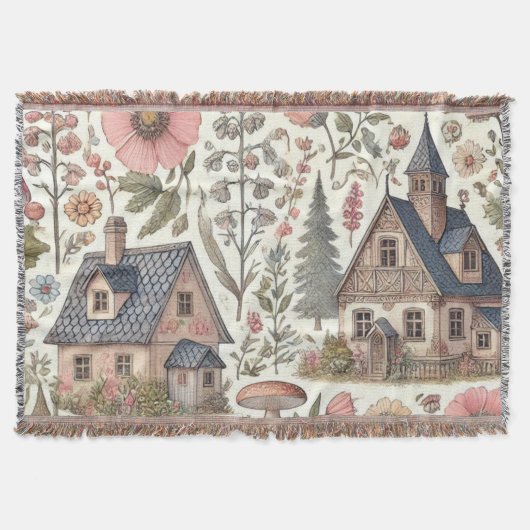 コテージコアマッシュルームとフローラルパターン スローブランケット (正面)
