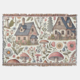 コテージコアマッシュルームとフローラルパターン スローブランケット