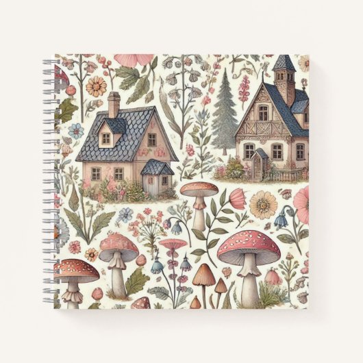 コテージコアマッシュルームとフローラルパターン ノートブック (正面)