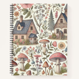 コテージコアマッシュルームとフローラルパターン ノートブック