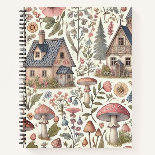 コテージコアマッシュルームとフローラルパターン ノートブック (正面)